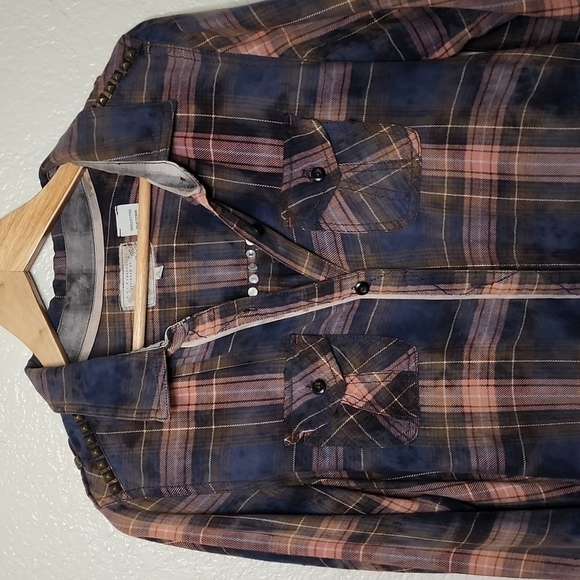 Miss Me Distressed Long Button Down Studded Plaid Shirt - Picture 2 of 11